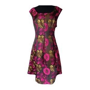 Nine West Size 16 Pleated Scoop Neck Black Green/Fuscia/Gold Women's Dress